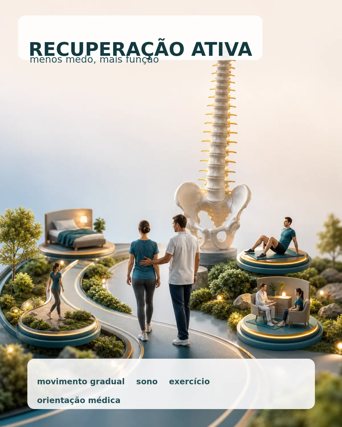 Diorama mostrando plano de recuperação ativa para dor lombar com movimento gradual, sono, exercício e educação