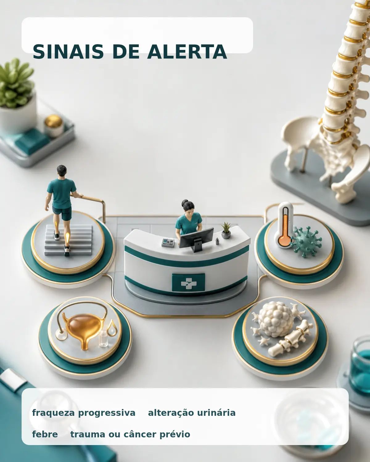 Infográfico diorama com sinais de alerta na dor lombar e indicação de avaliação médica