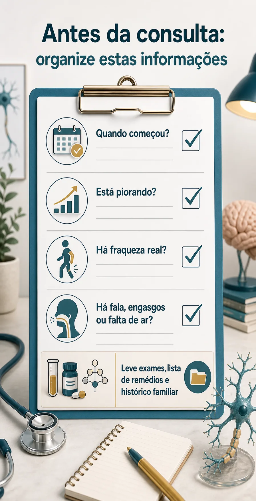 Infográfico de checklist para consulta em suspeita de ELA ou doença parecida