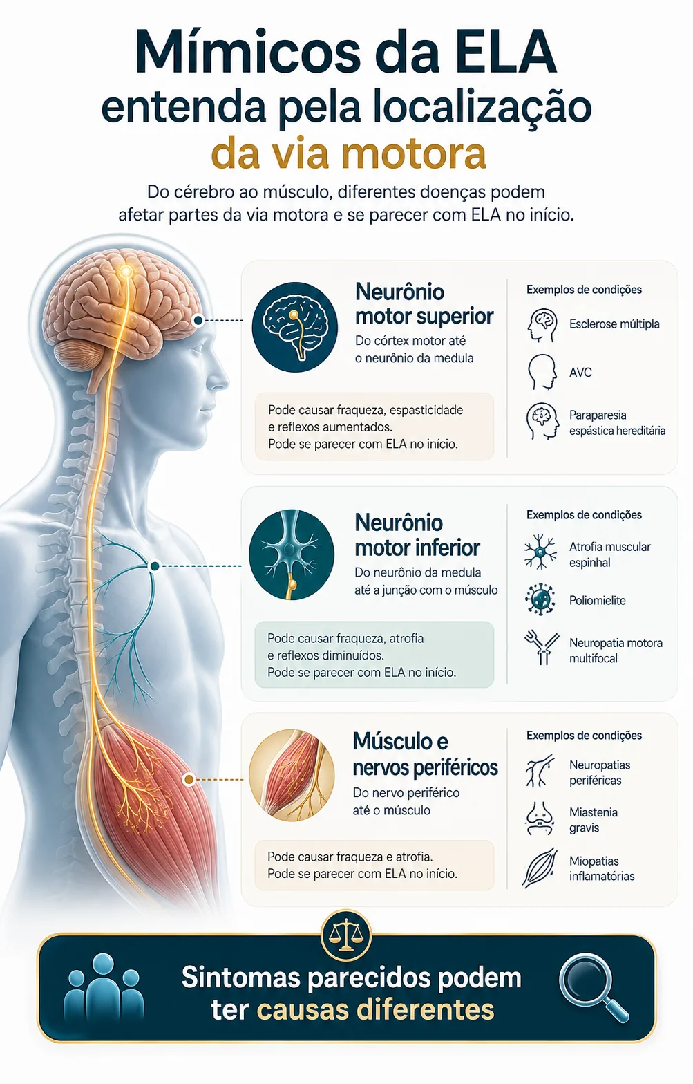 Ilustração comparando neurônio motor superior, neurônio motor inferior e doenças que podem imitar ELA