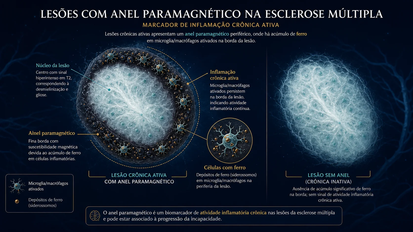 Ilustração esquemática de lesão com anel paramagnético e células inflamatórias com ferro