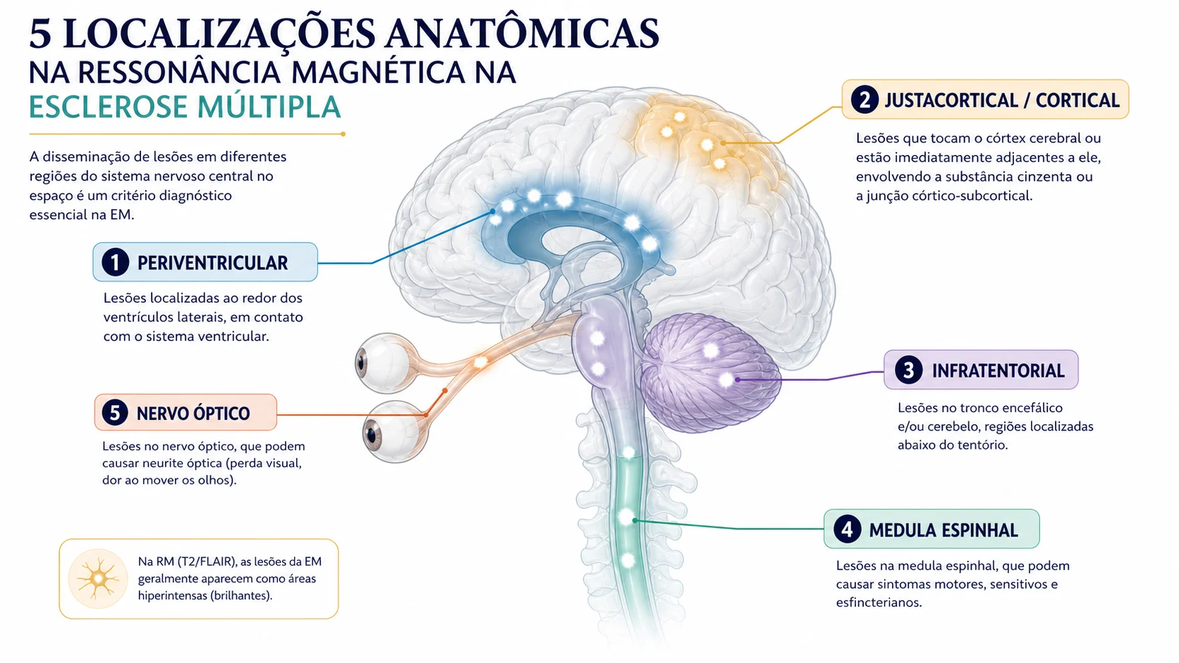 Infográfico esquemático com as cinco localizações anatômicas usadas na interpretação da ressonância na esclerose múltipla