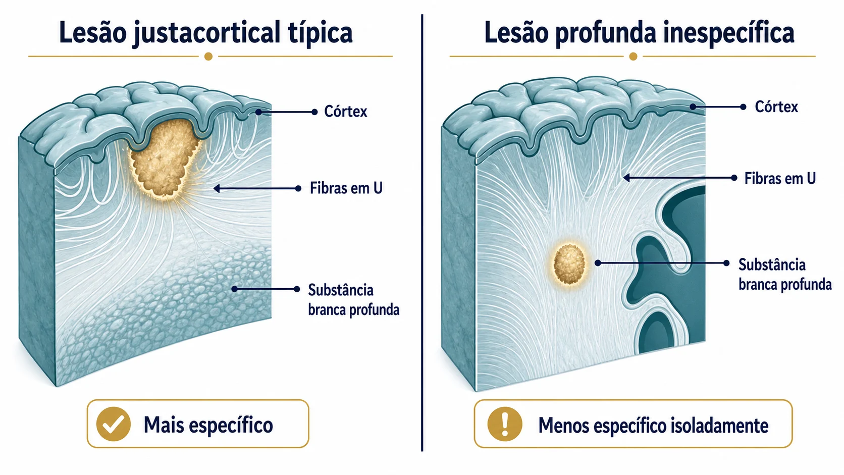 Comparação esquemática entre lesão justacortical típica e lesão profunda inespecífica