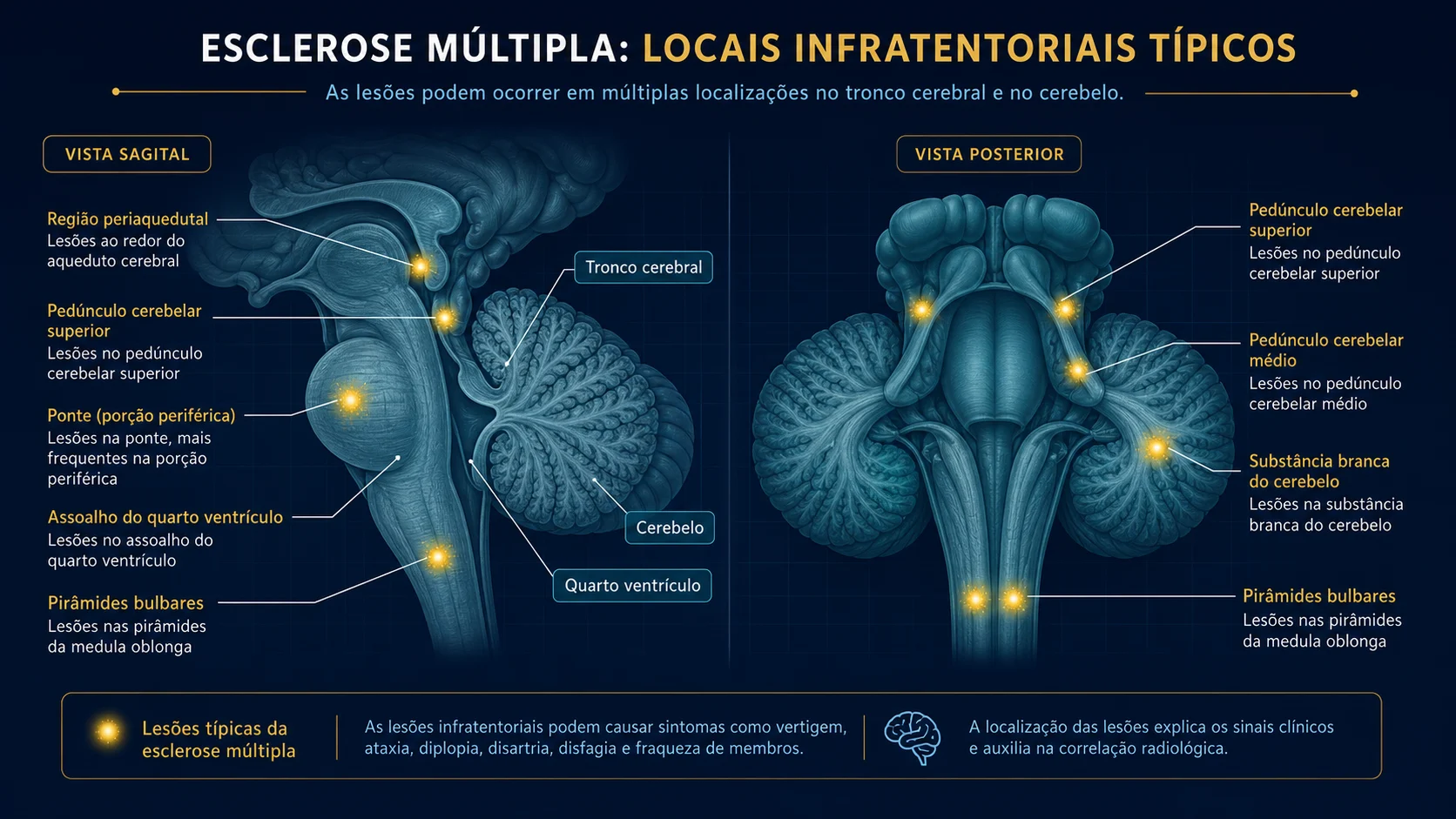 Ilustração médica das localizações infratentoriais típicas na esclerose múltipla