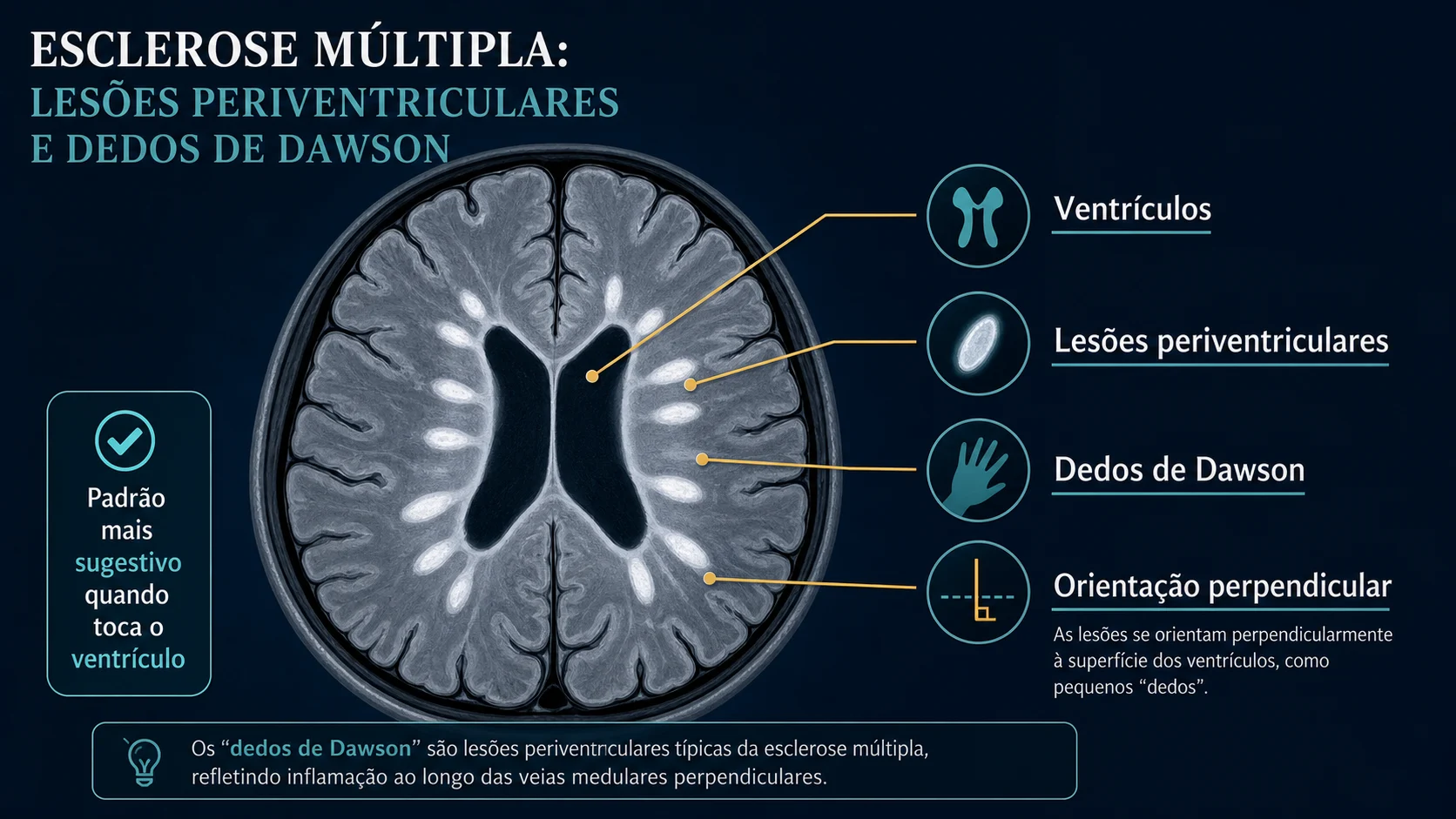 Esquema de lesões periventriculares e dedos de Dawson em corte axial do cérebro