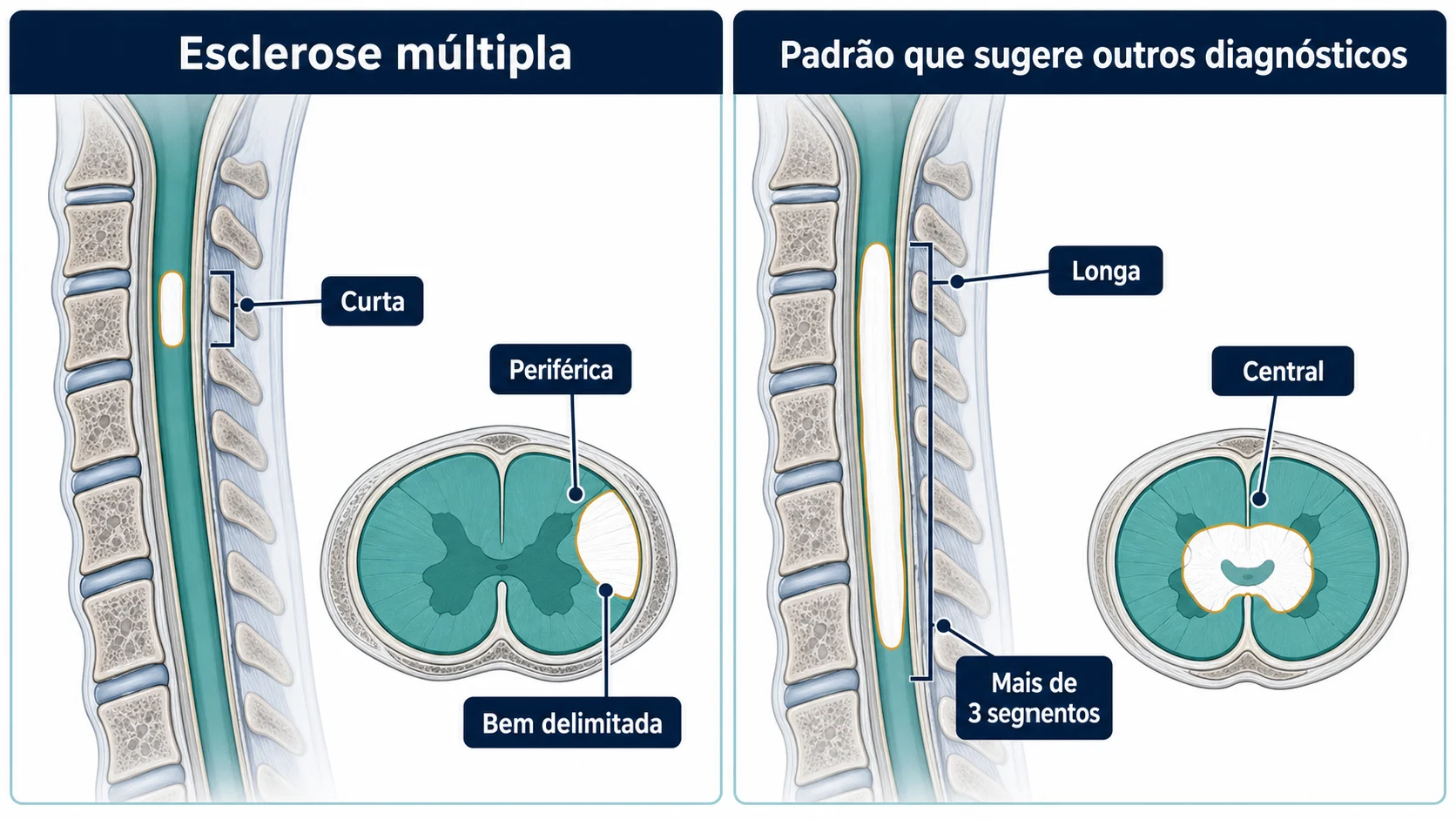 Comparação esquemática entre lesão curta periférica da esclerose múltipla e lesão longa central que sugere outros diagnósticos