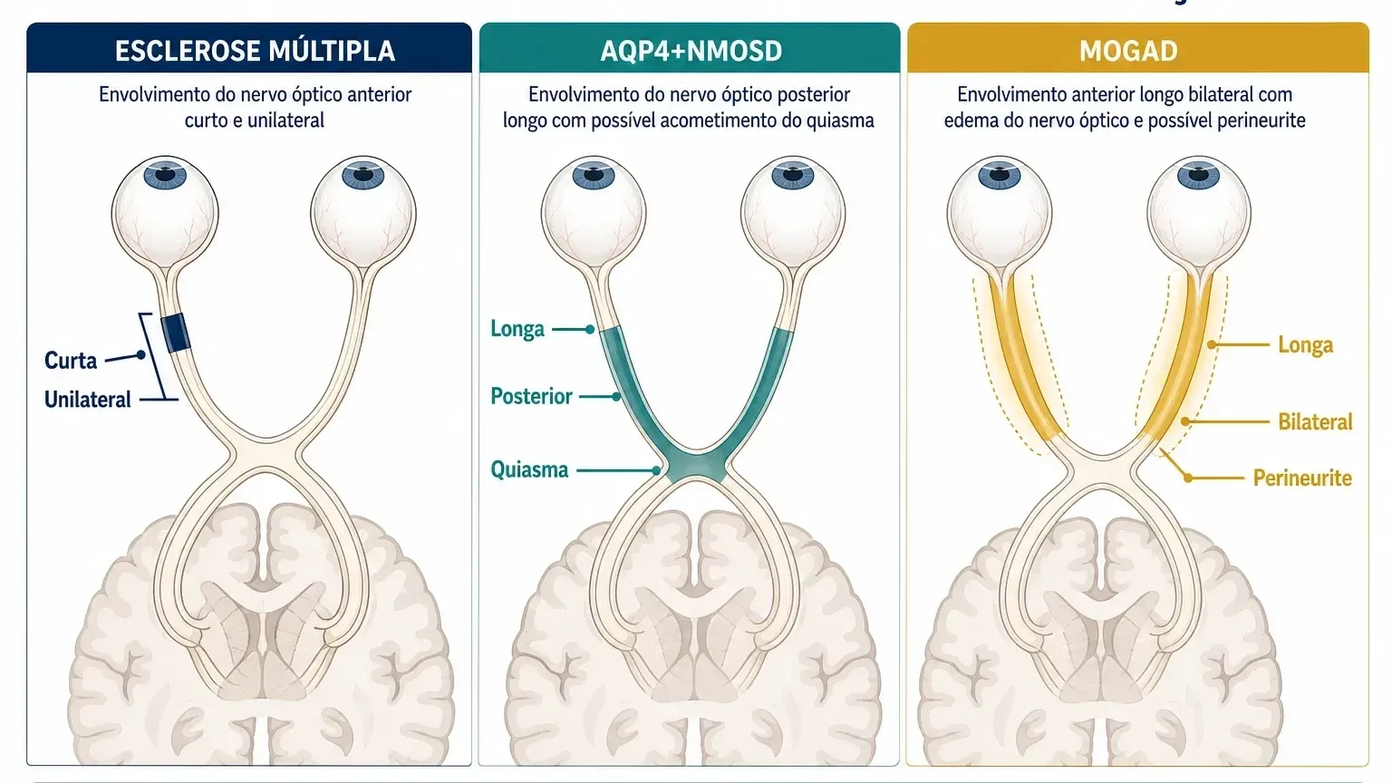 Infográfico comparando padrões de neurite óptica na esclerose múltipla, NMOSD e MOGAD