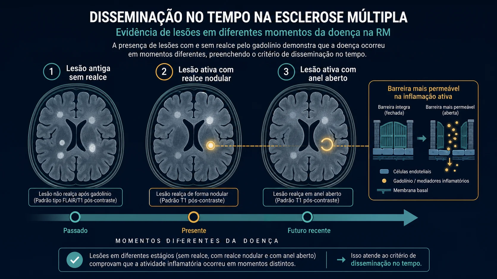 Infográfico sobre realce por contraste e disseminação no tempo na esclerose múltipla