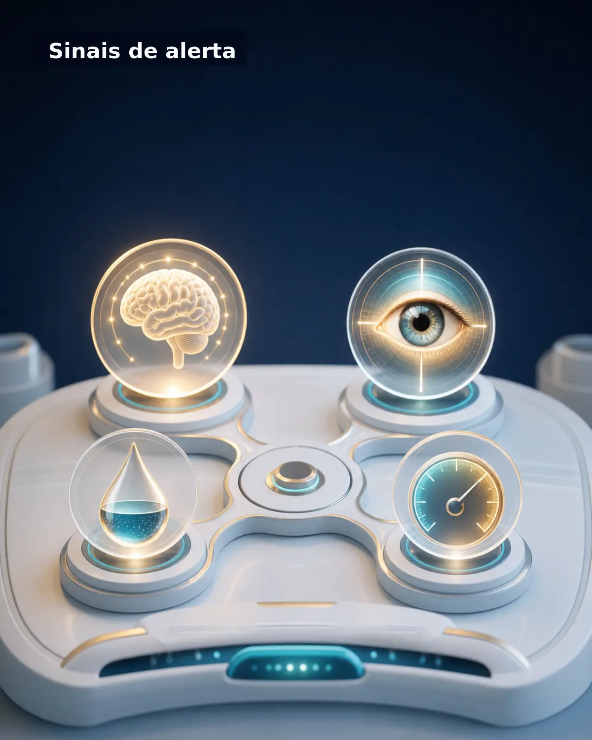 Diorama médico com cérebro, olho, gota de glicose e medidor de pressão representando sinais de alerta neurológicos em emergências endócrinas.