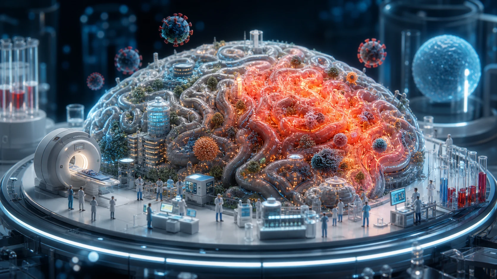 Capa em diorama mostrando a encefalite como uma cidade cerebral em alerta, com áreas inflamadas, laboratório e equipe médica