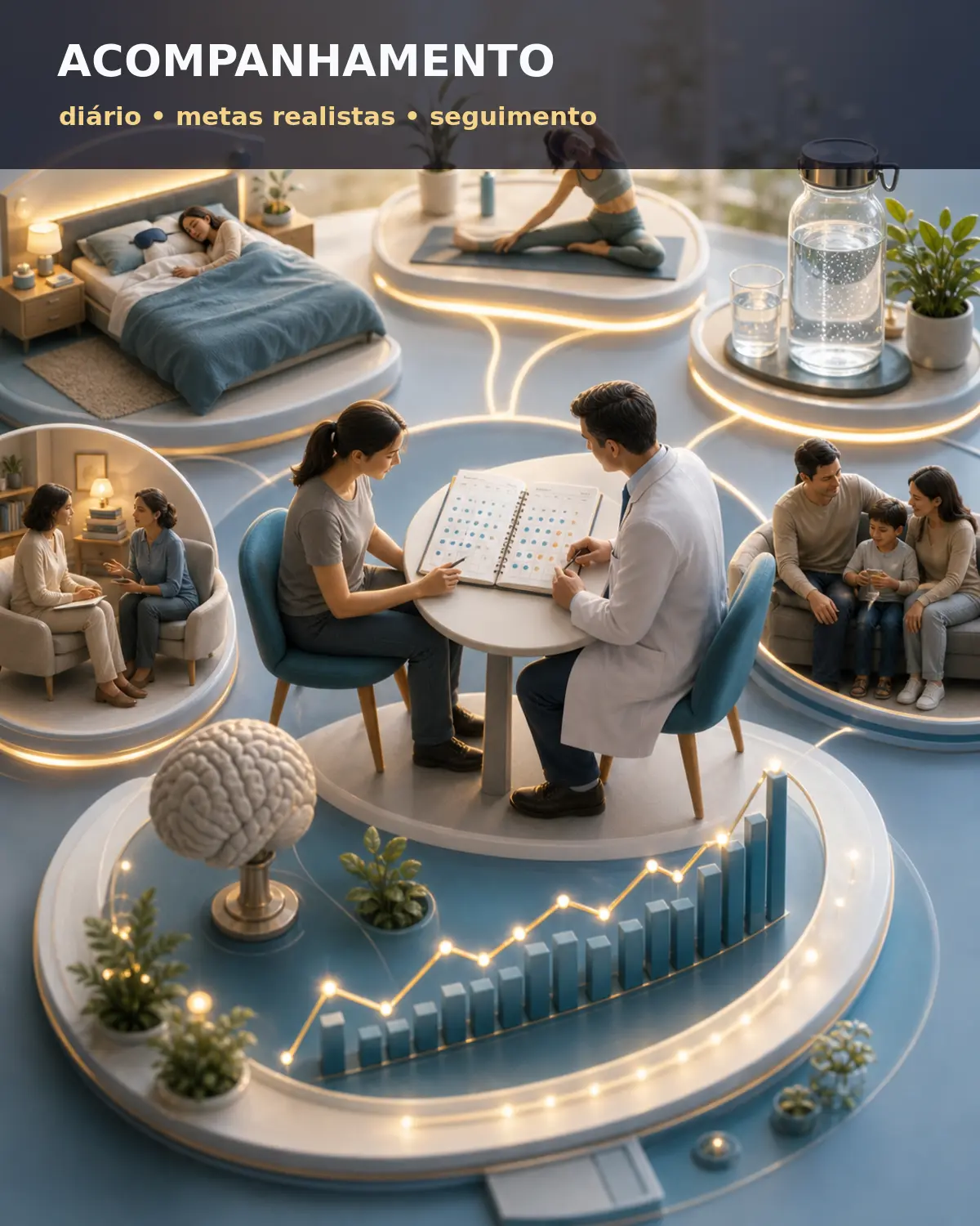 Diorama médico mostrando acompanhamento da enxaqueca refratária com diário de dor, metas realistas e seguimento clínico