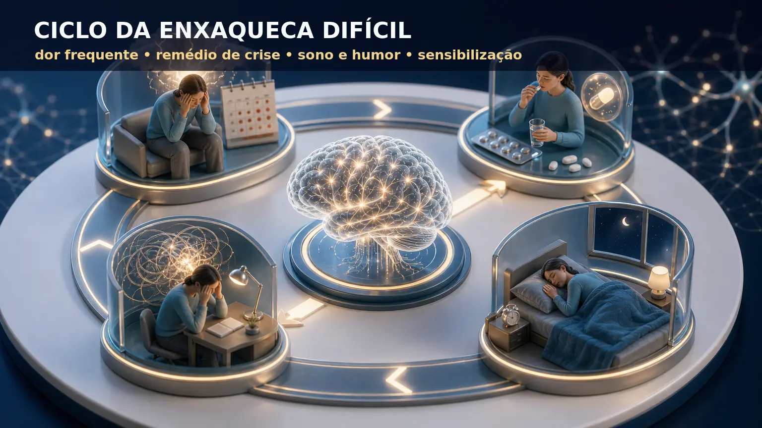 Diorama médico mostrando o ciclo da enxaqueca refratária com dor frequente, uso de remédio de crise, sono e humor e sensibilização do cérebro