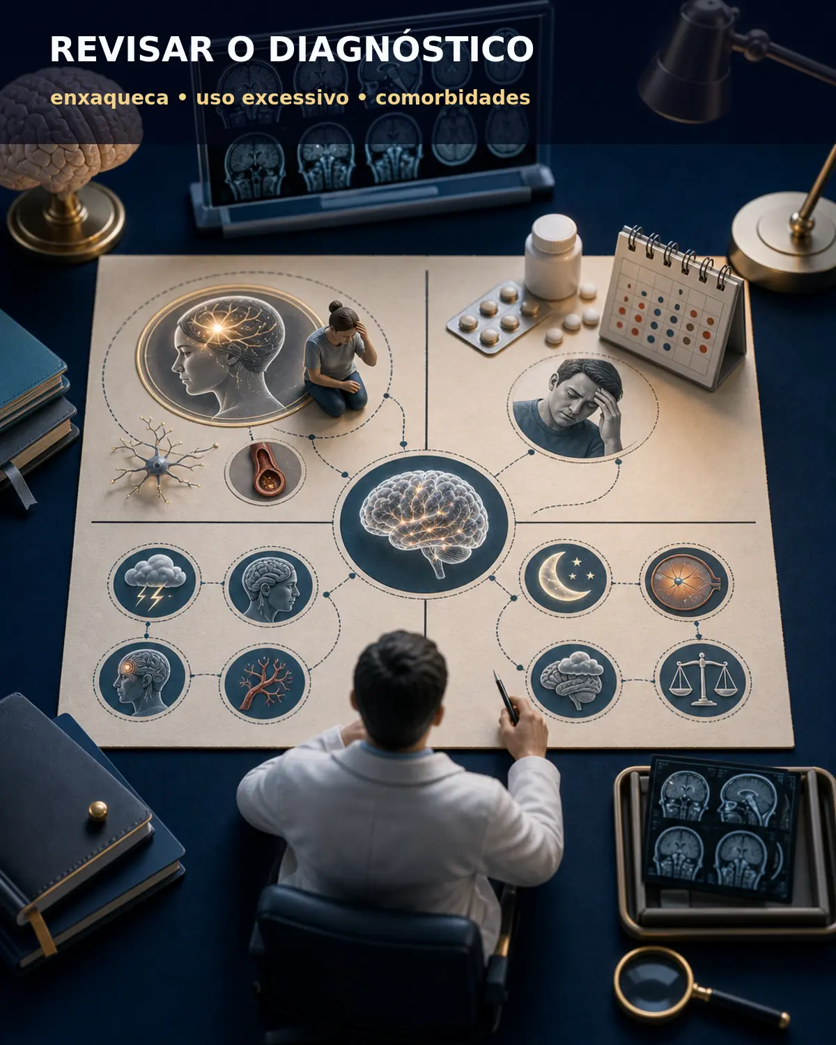 Diorama médico mostrando revisão diagnóstica da enxaqueca refratária com mapa de enxaqueca, uso excessivo de medicação, outras cefaleias e comorbidades