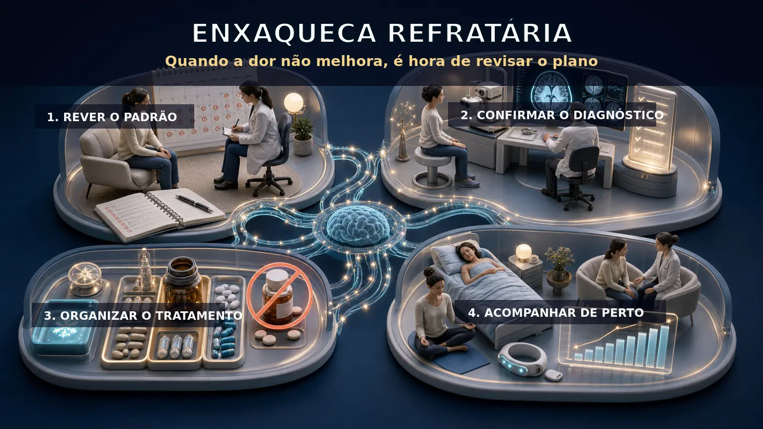 Diorama médico em quatro cenas mostrando investigação, tratamento da crise, prevenção e acompanhamento da enxaqueca refratária