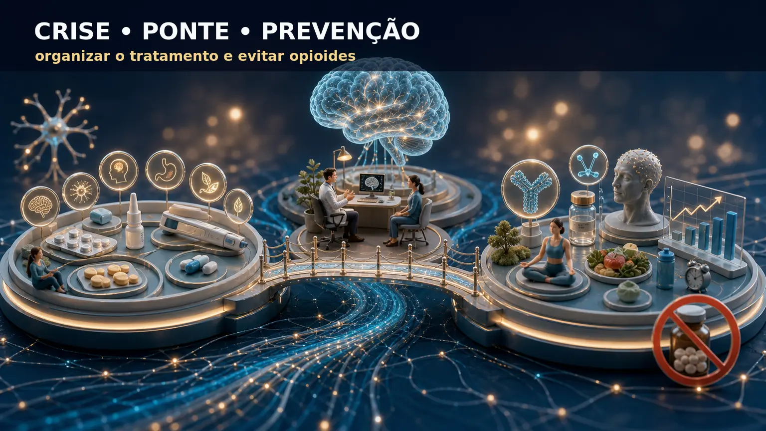 Diorama médico mostrando organização do tratamento da enxaqueca refratária em crise, ponte e prevenção, com destaque para evitar opioides