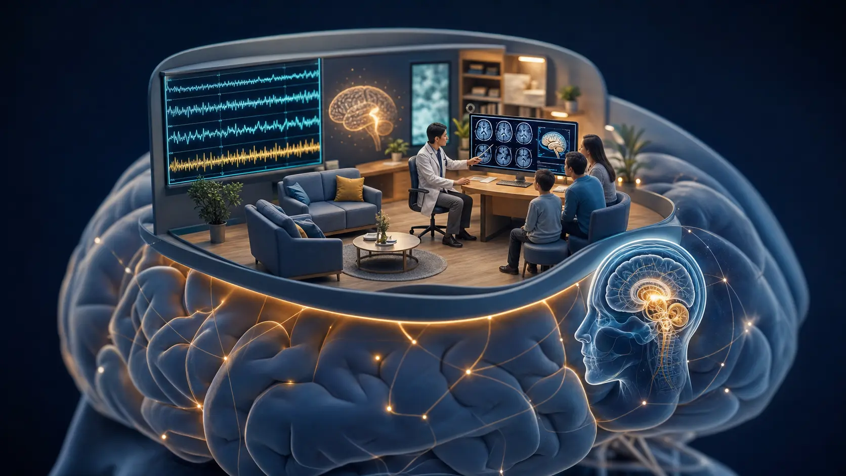 Diorama médico mostrando cérebro, EEG, ressonância e consulta neurológica para explicar o diagnóstico da epilepsia