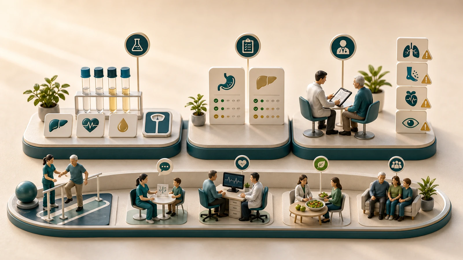 Diorama médico com exames de acompanhamento, efeitos adversos possíveis, sinais para avisar o médico e cuidado multidisciplinar