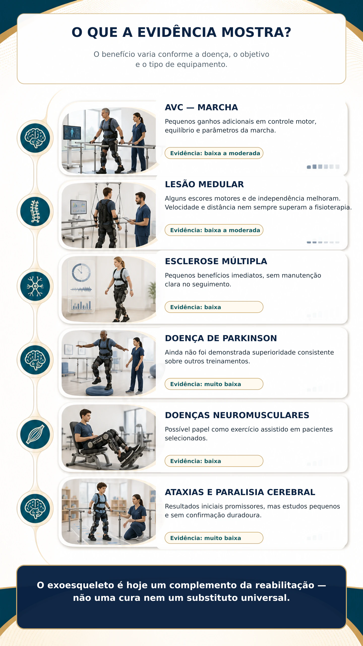 Infográfico comparando o nível de evidência dos exoesqueletos em diferentes doenças neurológicas