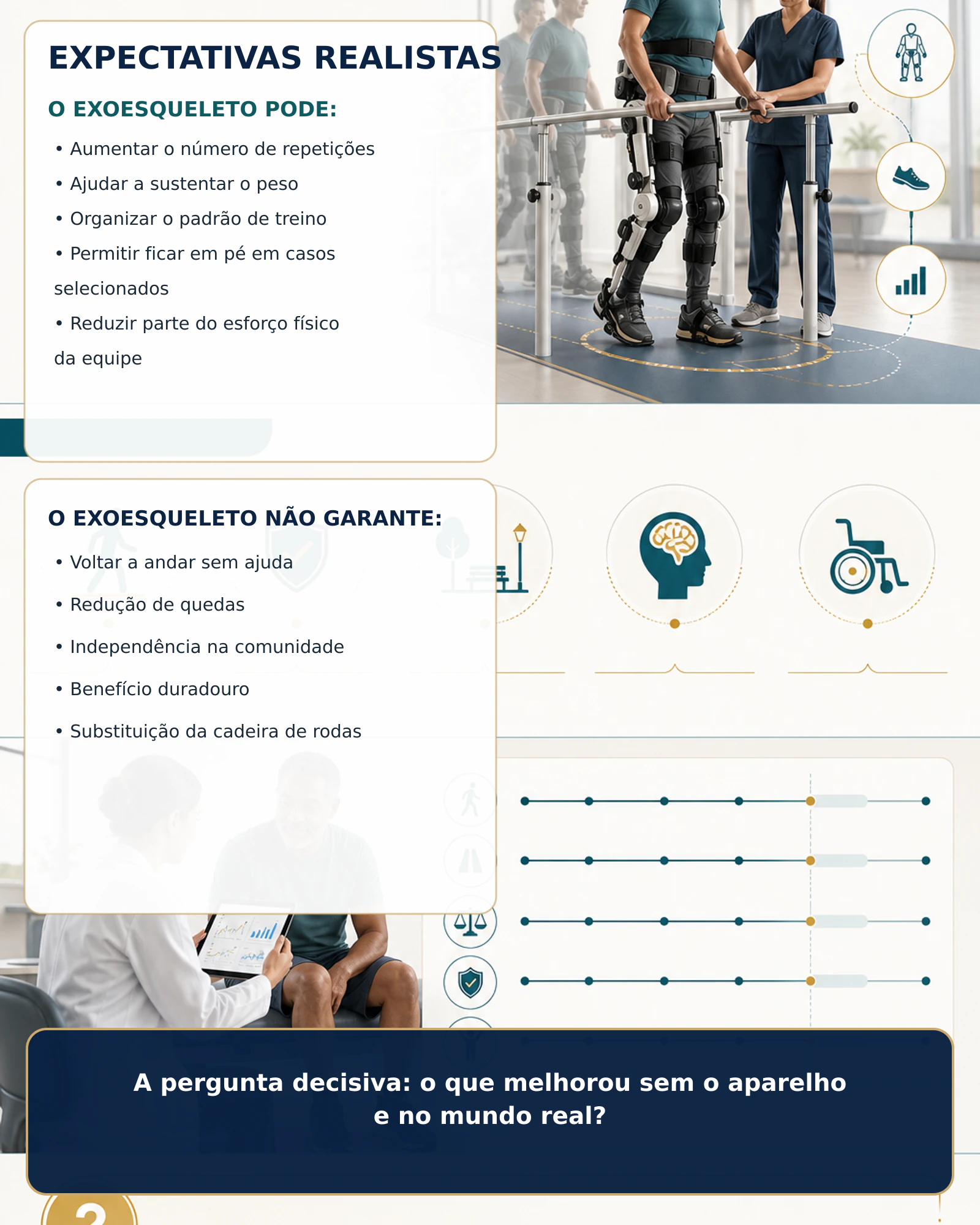 Infográfico mostrando expectativas realistas sobre exoesqueletos na neuroreabilitação