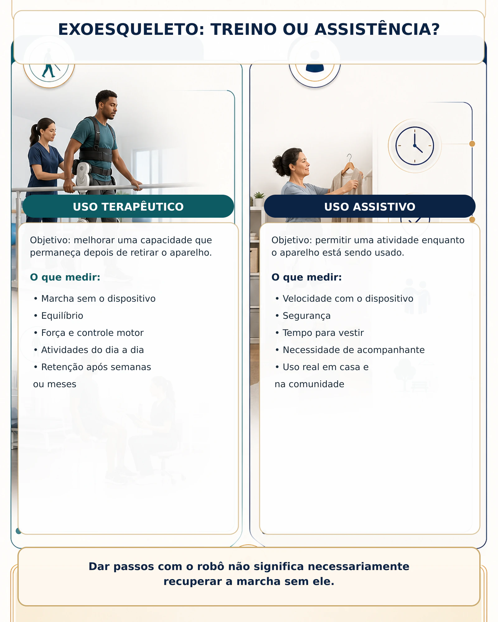 Infográfico explicando a diferença entre treinamento terapêutico e assistência durante o uso do exoesqueleto