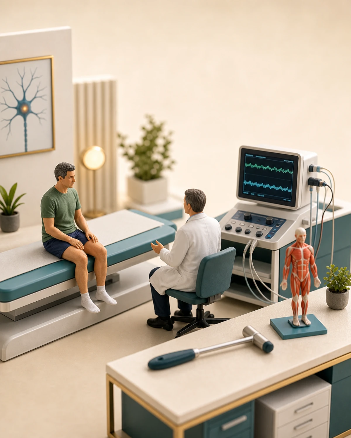 Diorama de consultório neurológico em miniatura mostrando paciente, martelo de reflexos e tela de eletroneuromiografia como ferramentas para reduzir incerteza