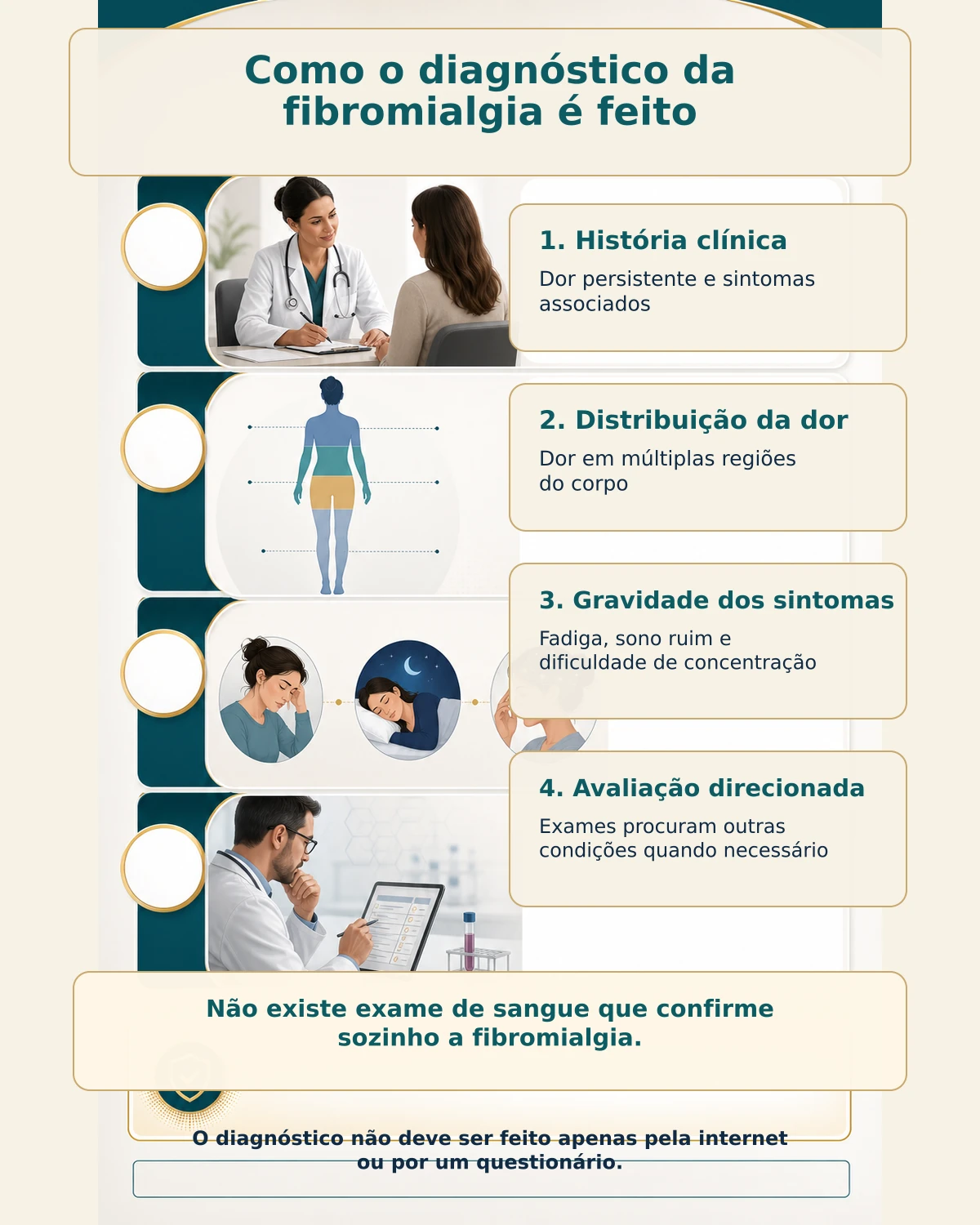 Infográfico sobre história clínica, distribuição da dor, sintomas associados e exames direcionados