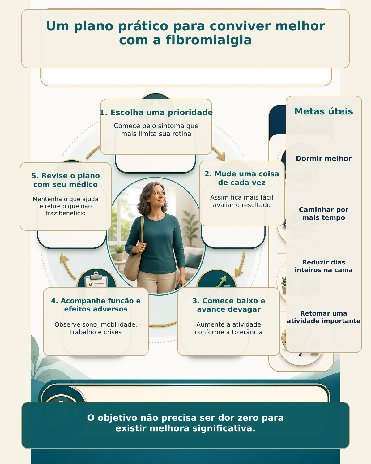 Infográfico com plano progressivo de sono, movimento, ritmo das tarefas, acompanhamento de sintomas e revisão médica