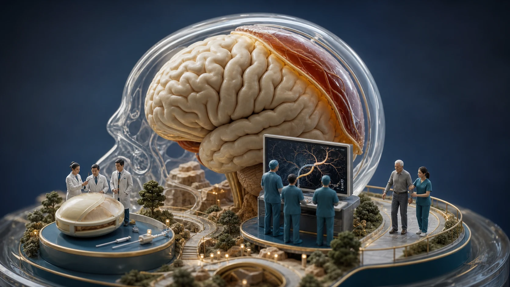 Diorama médico tridimensional mostrando um cérebro com hematoma subdural crônico e diferentes possibilidades de tratamento