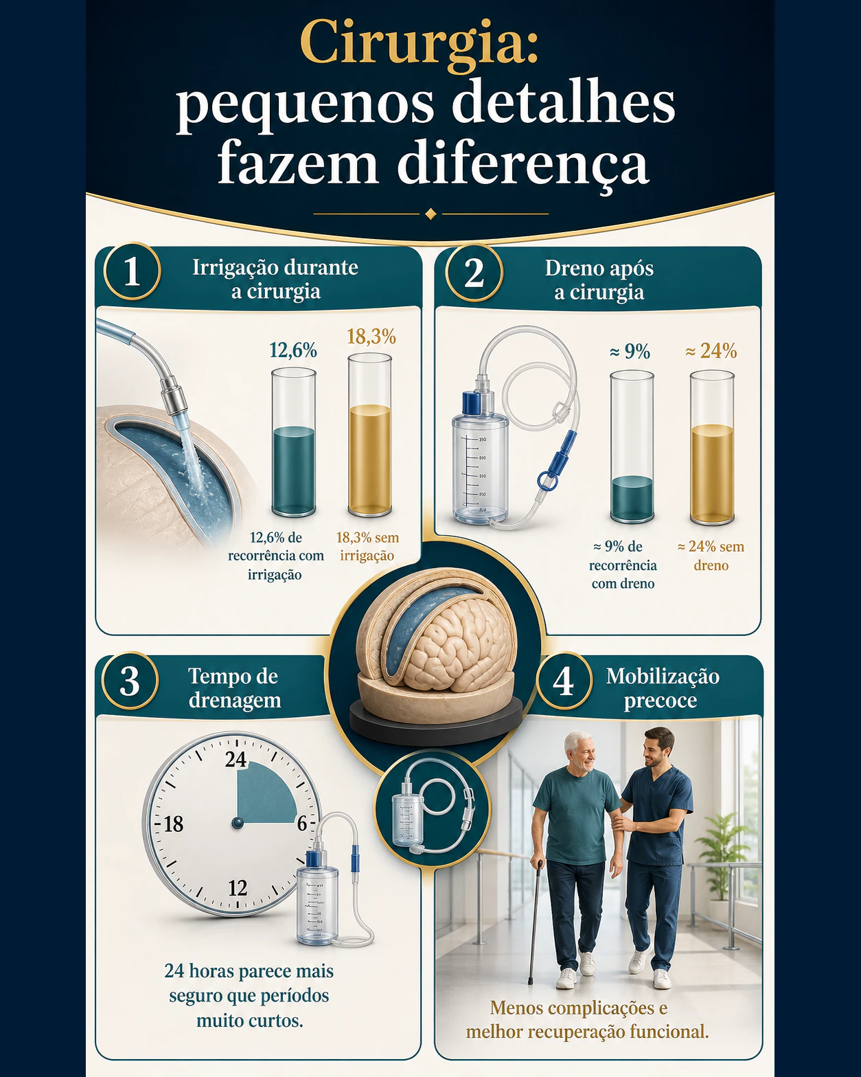 Infográfico sobre irrigação, dreno, tempo de drenagem e mobilização precoce no tratamento cirúrgico do hematoma subdural crônico