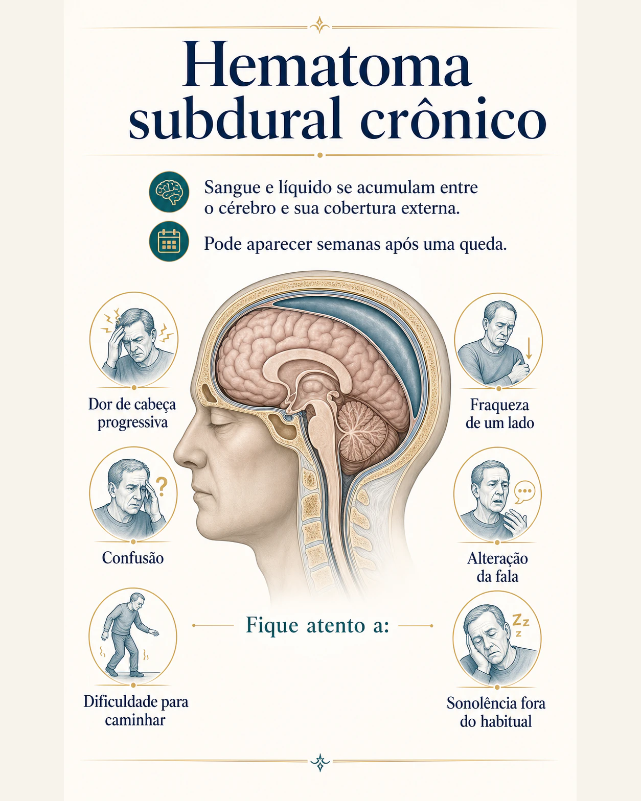 Infográfico explicando o hematoma subdural crônico e os sinais de alerta: dor de cabeça, confusão, dificuldade para caminhar, fraqueza, alteração da fala e sonolência