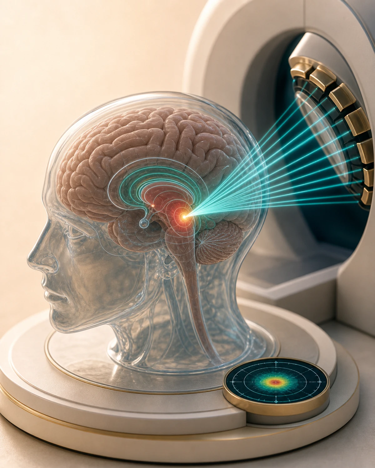 Diorama médico mostrando feixes de ultrassom focalizado atravessando o crânio e convergindo em alvo cerebral milimétrico