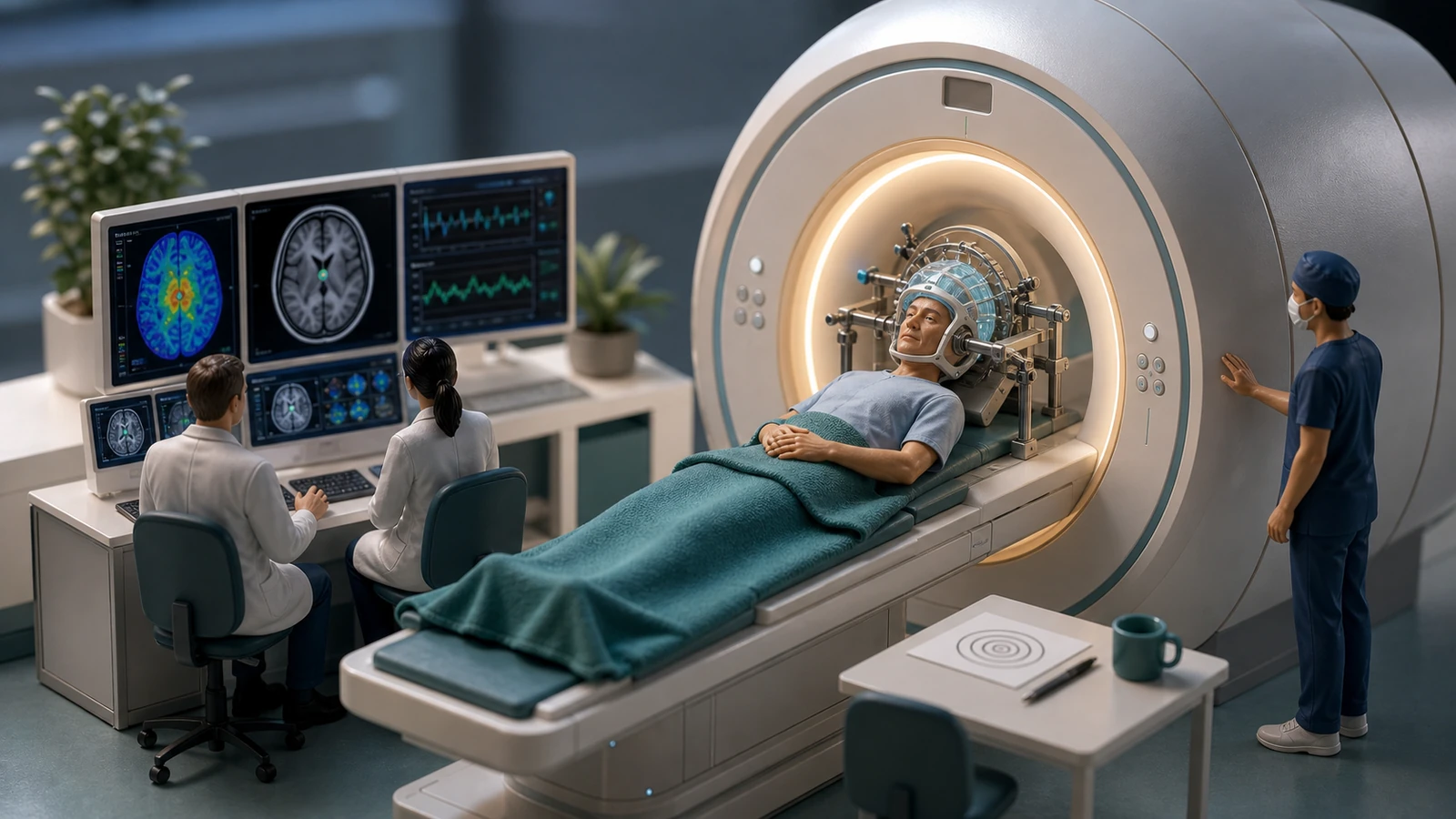 Diorama de procedimento HIFU guiado por ressonância com paciente acordado, capacete de ultrassom e equipe monitorando temperatura e tremor