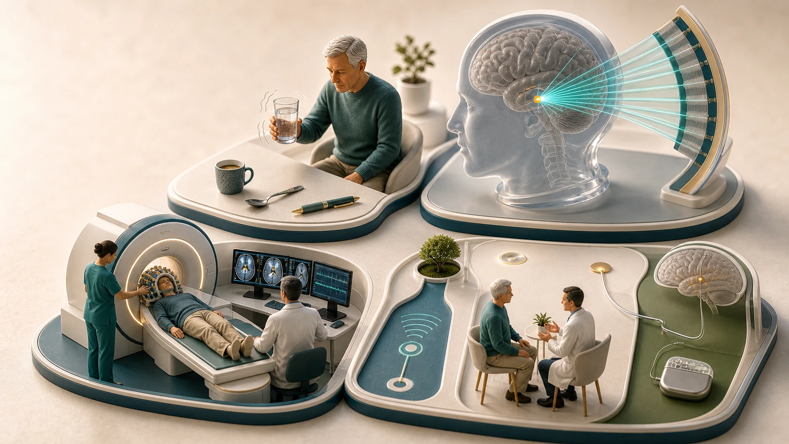 Diorama médico mostrando tremor nas atividades diárias, feixes de ultrassom convergindo no cérebro, paciente em ressonância e comparação entre HIFU e DBS