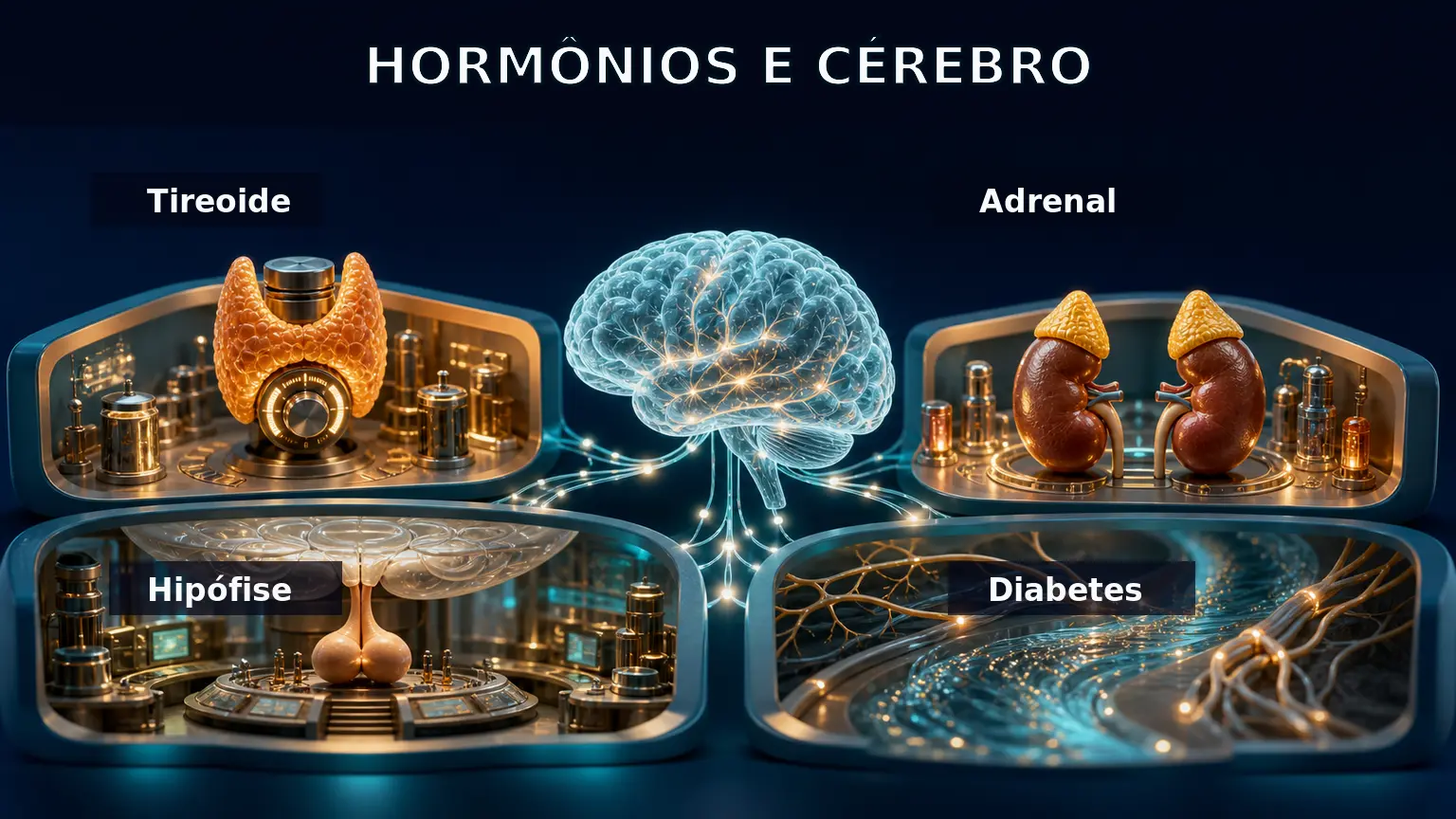 Diorama médico em quatro quadros mostrando tireoide, hipófise, adrenal e diabetes conectados ao cérebro e aos nervos.