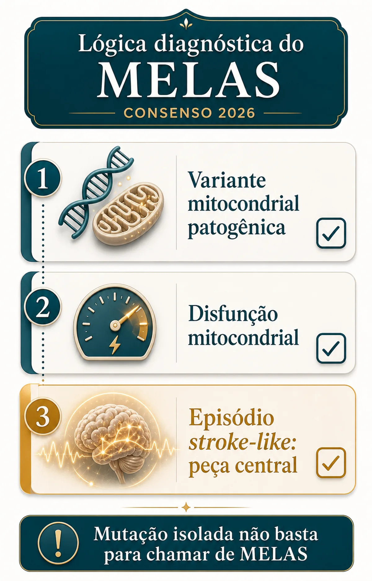 Checklist visual mostrando que o diagnóstico de MELAS exige episódio stroke-like associado a disfunção mitocondrial.