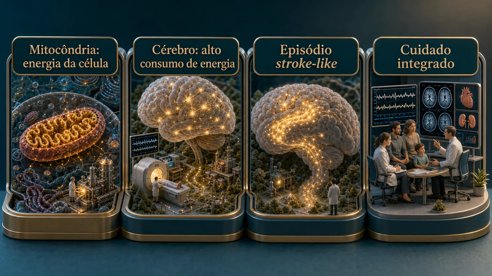 Diorama médico em quatro painéis mostrando mitocôndria, cérebro, episódio stroke-like e cuidado multidisciplinar em MELAS.