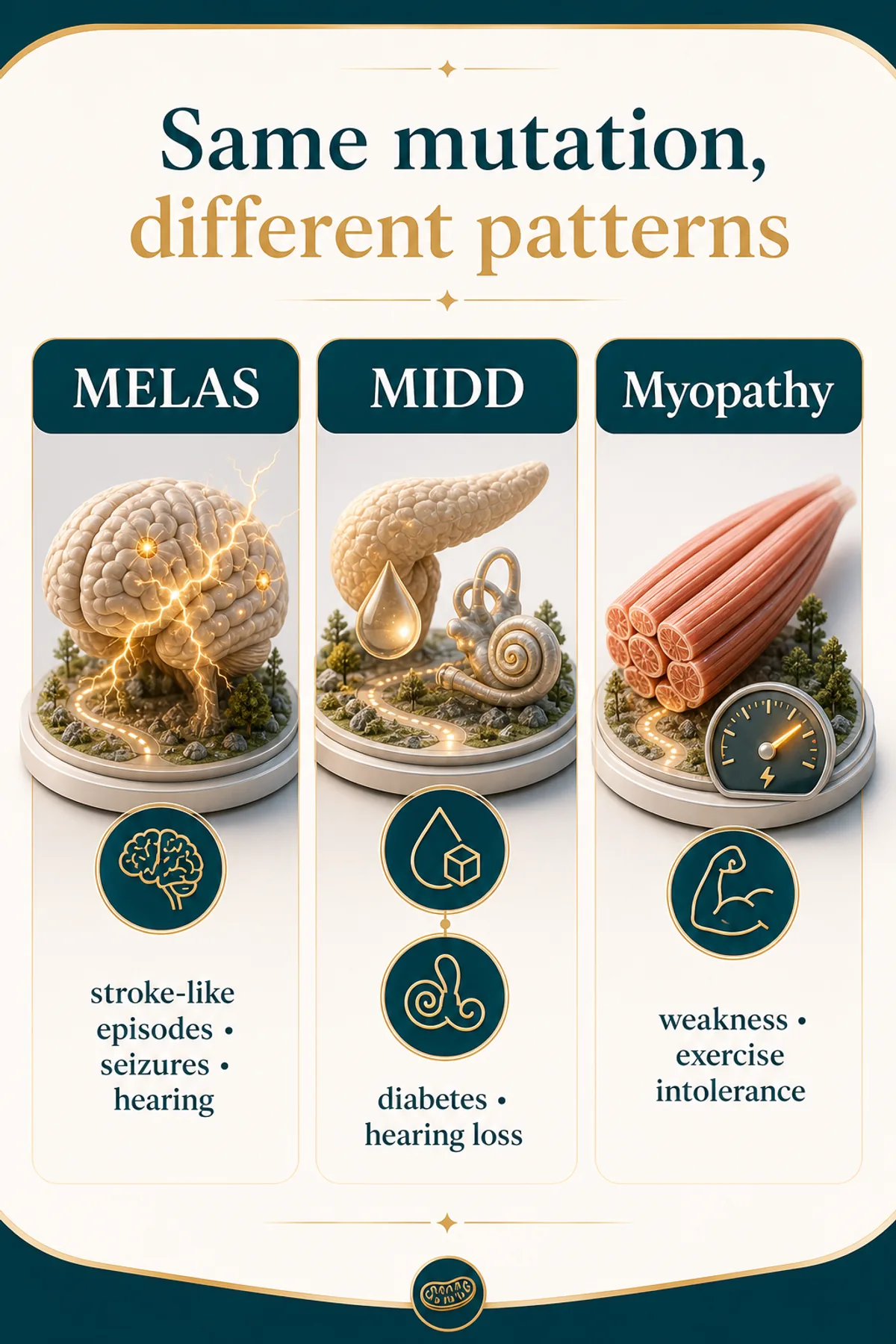 Infográfico comparando os três padrões: MELAS energia cerebral, MIDD glicose e audição, miopatia músculo e creatina