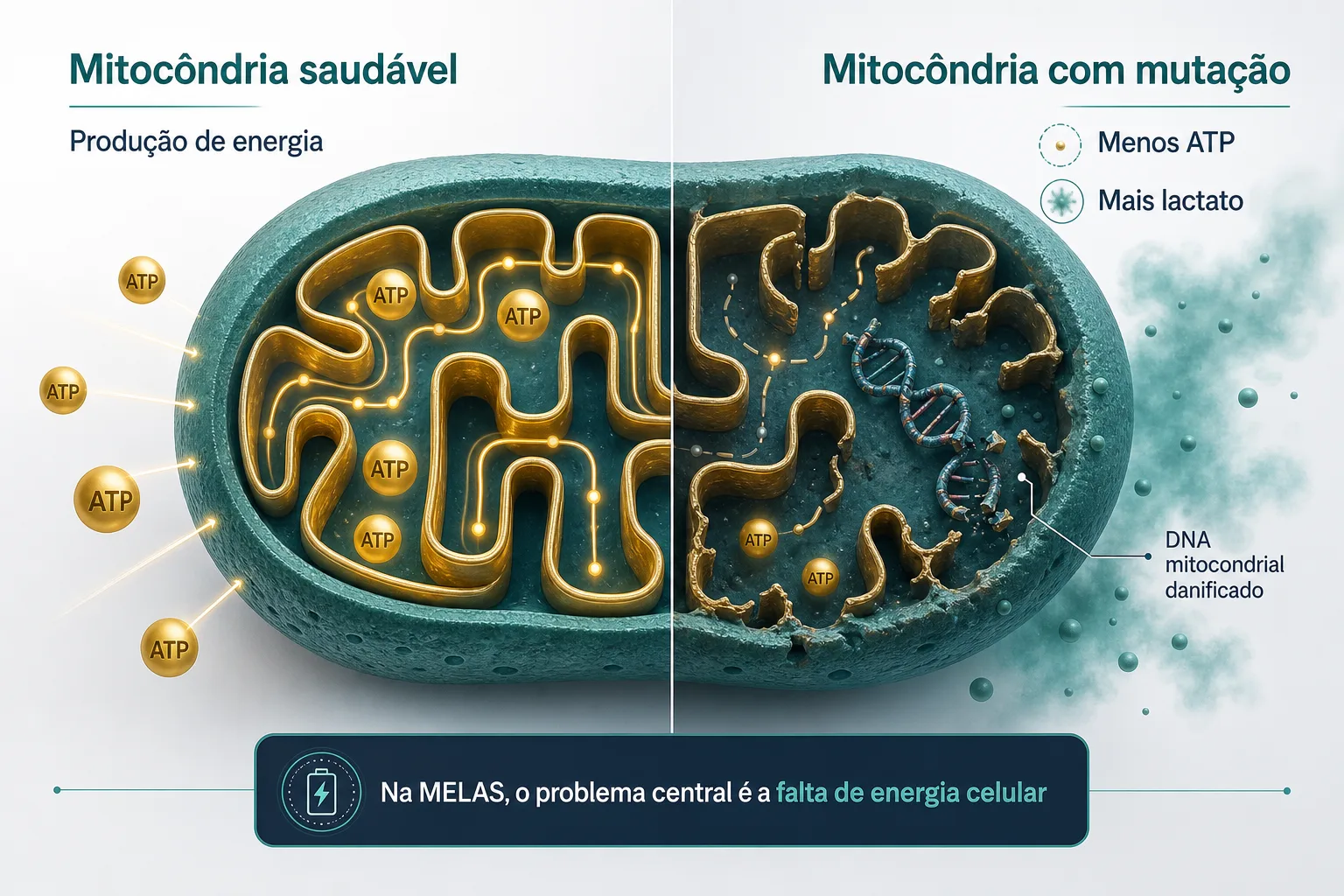 Infográfico médico mostrando a mitocôndria como usina de energia e explicando menor produção de ATP e maior lactato na MELAS.