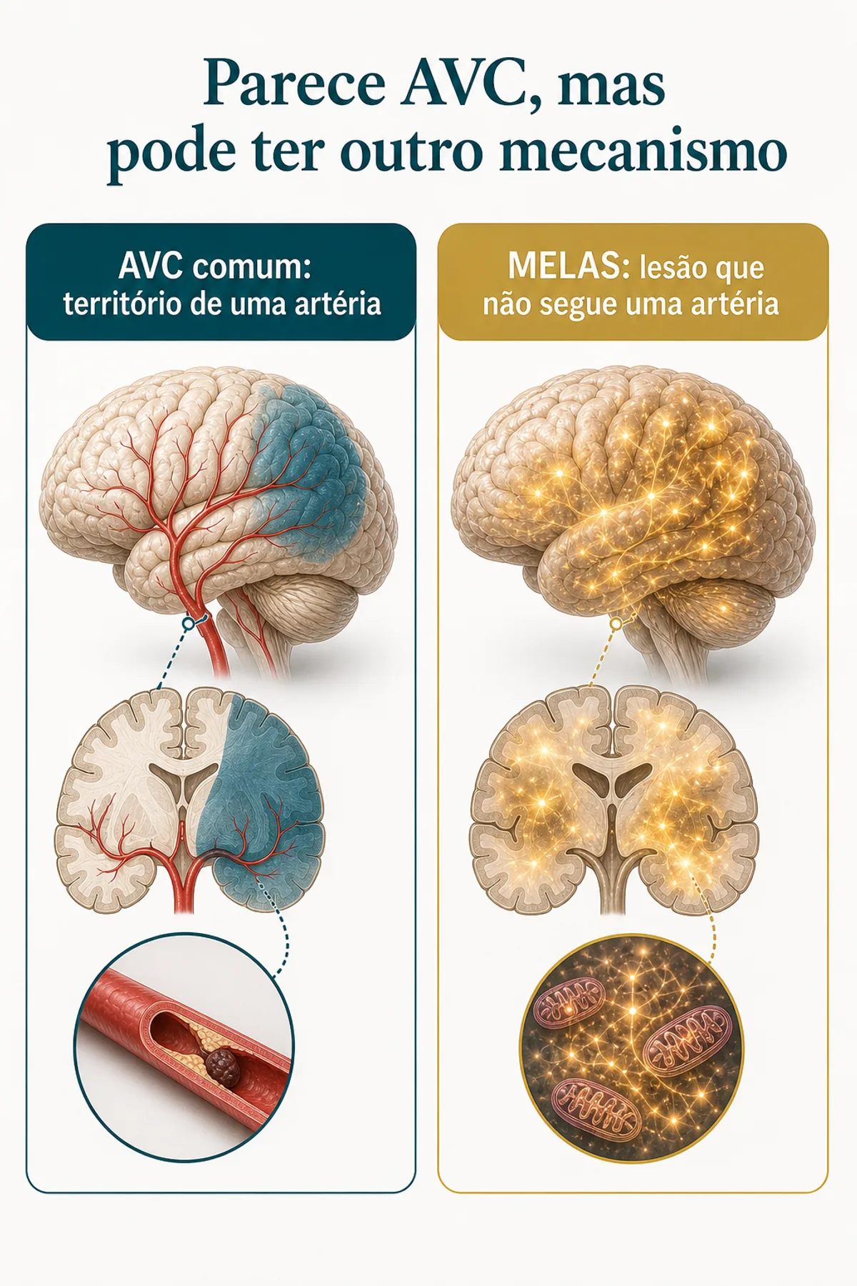 Infográfico comparando AVC comum com episódio stroke-like mitocondrial em MELAS.