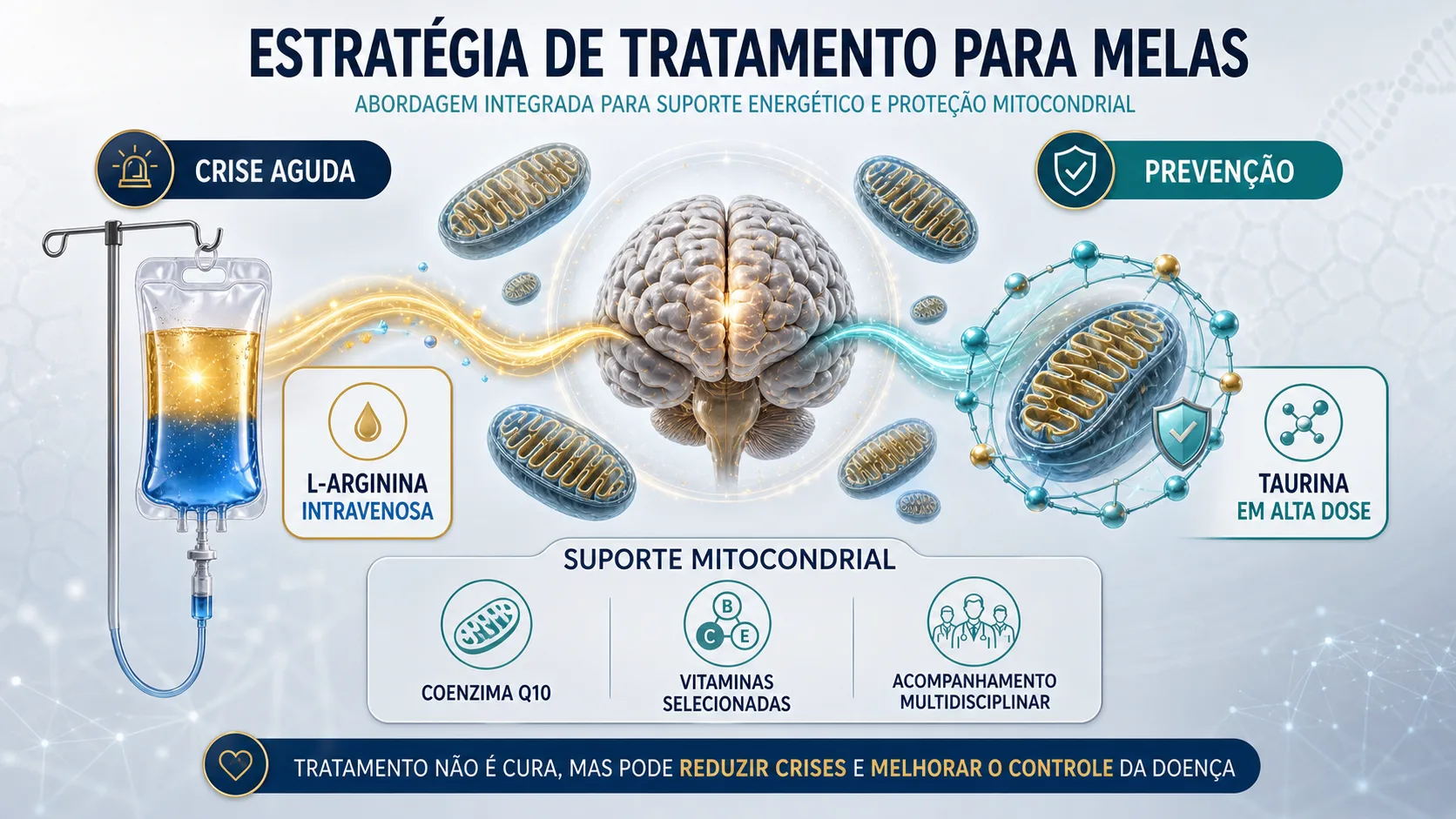 Infográfico sobre tratamento da MELAS com L-arginina na crise, taurina na prevenção e suporte mitocondrial.