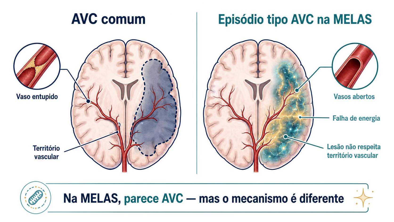 Infográfico comparando AVC comum por vaso entupido com episódio tipo AVC na MELAS por falha de energia cerebral.