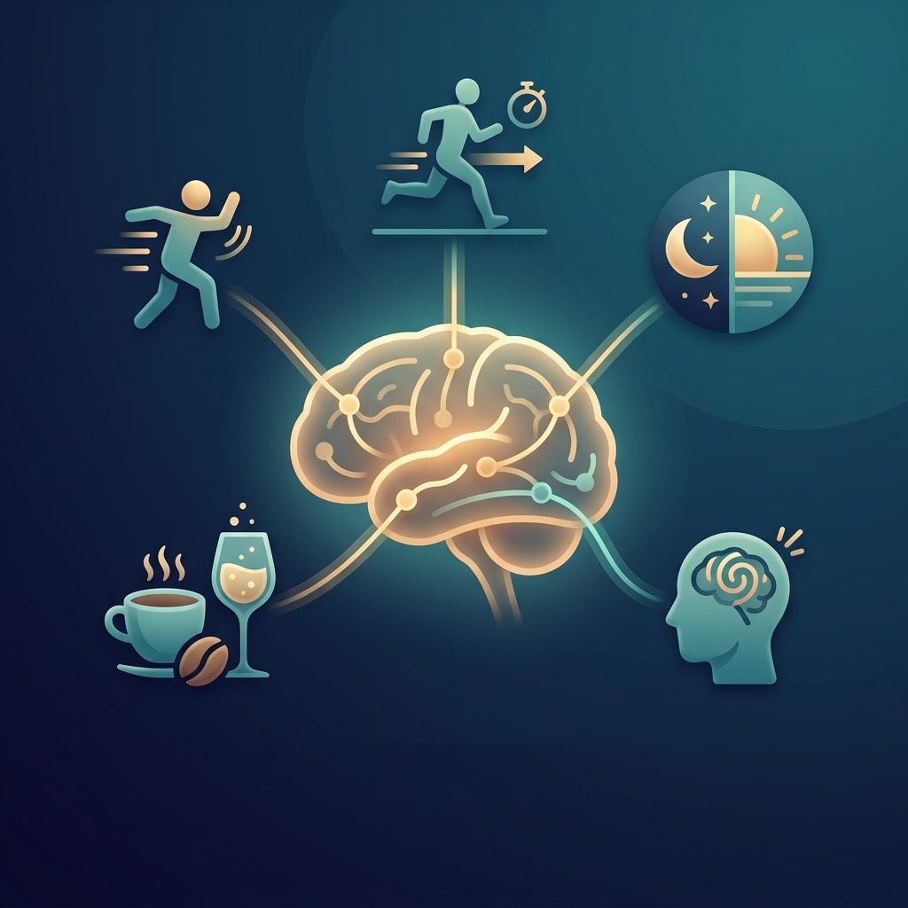 Infográfico didático mostrando gatilhos como movimento súbito, exercício, sono, café, álcool e estresse levando a crises de movimentos involuntários
