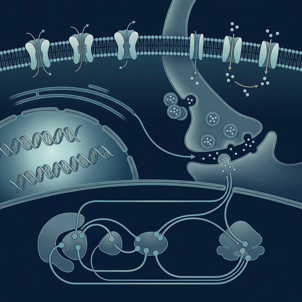 Ilustração médica limpa mostrando genes, canais iônicos, transportadores e circuitos cerebrais relacionados a movimentos paroxísticos