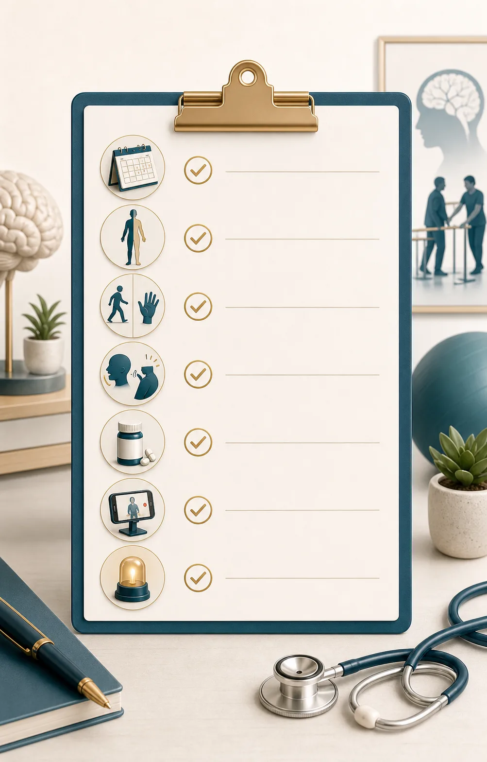 Checklist visual para pacientes e familiares após AVC