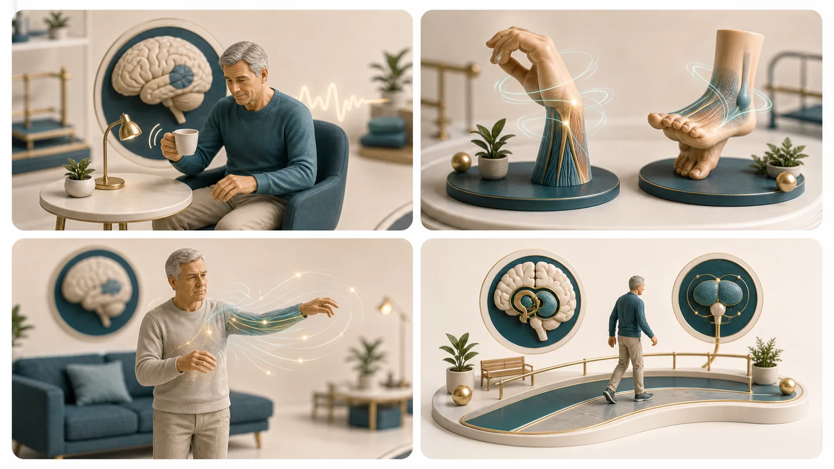 Diorama médico em quatro cenas sobre movimentos involuntários depois do AVC