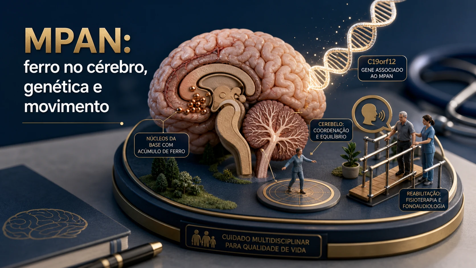 Diorama médico sobre MPAN, C19orf12, acúmulo de ferro cerebral e reabilitação