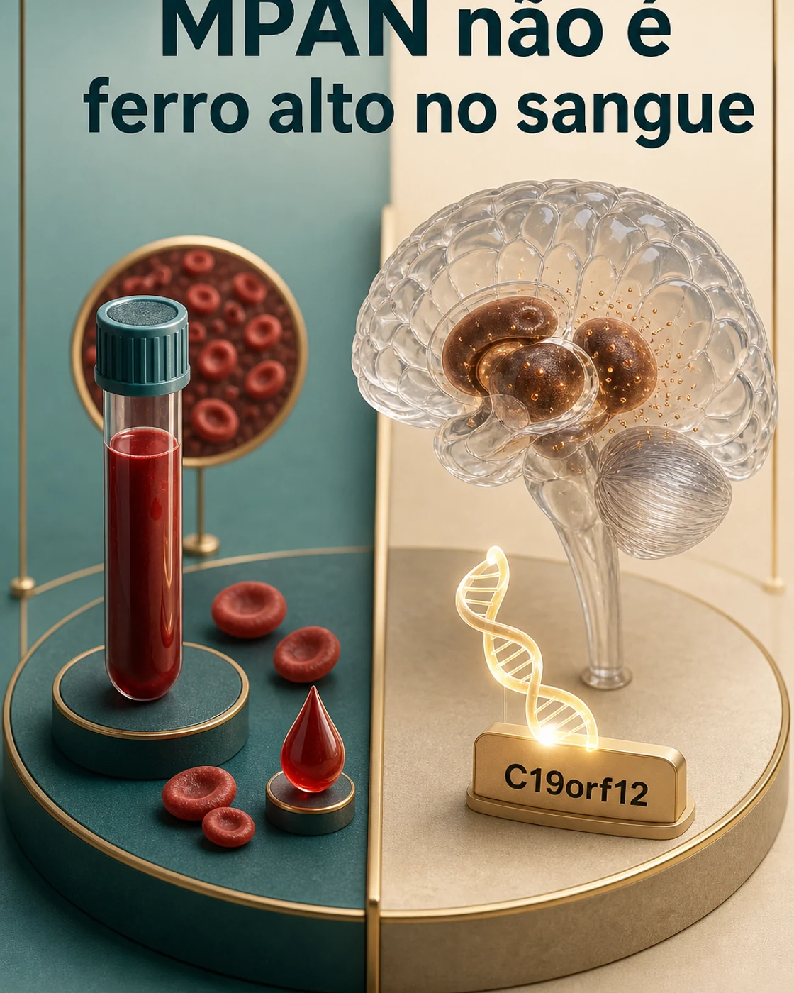 Diorama explicando o que é MPAN: gene C19orf12, cérebro e acúmulo regional de ferro