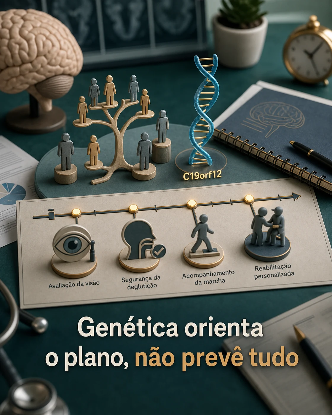 Diorama mostrando aconselhamento genético e plano longitudinal de cuidado em MPAN