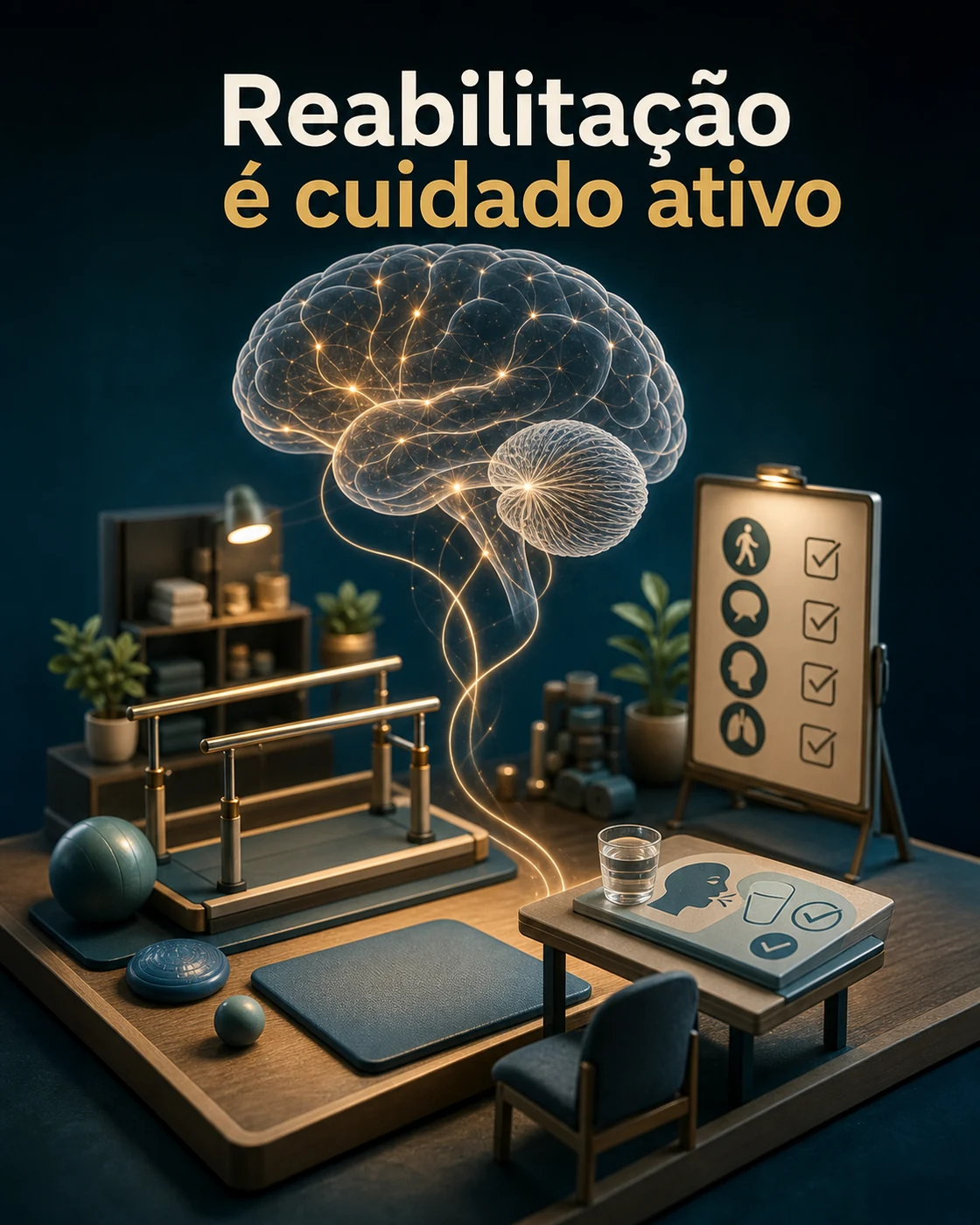 Diorama mostrando reabilitação, fonoaudiologia, prevenção de quedas e monitoramento da deglutição no MPAN