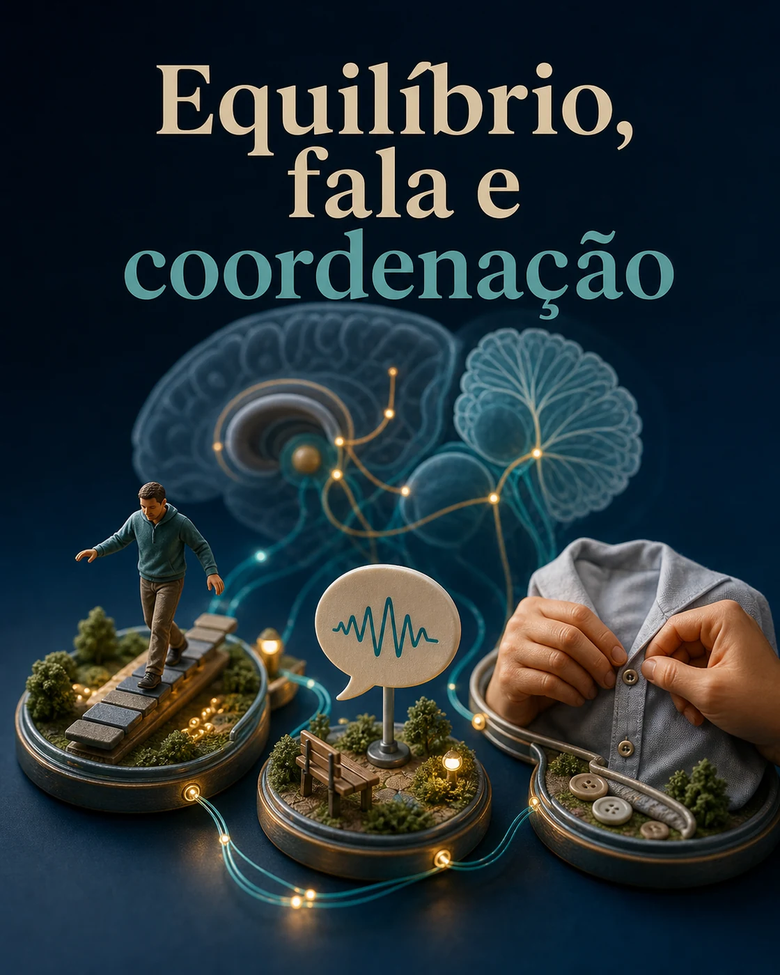 Diorama mostrando sinais do dia a dia no MPAN: marcha, fala, coordenação fina e quedas